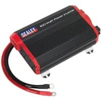 Black and red Sealey modified sine wave power inverter with ribbed casing and dual cables.