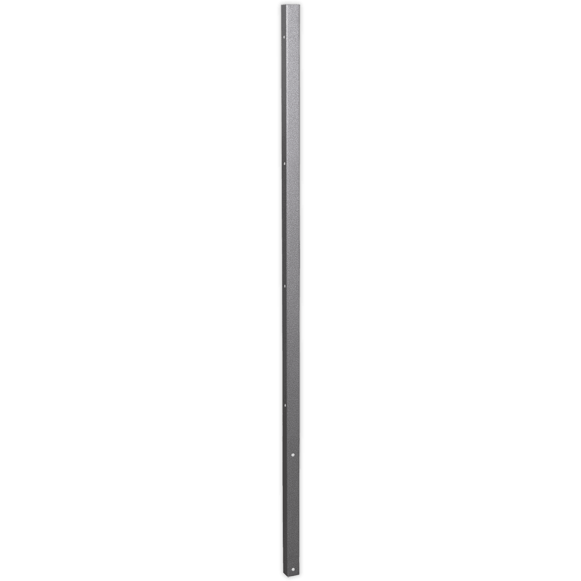 Black metal upright connector with a sleek design, featuring a smooth surface and pre-drilled holes for easy installation in modular systems.