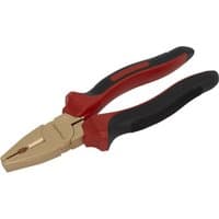Non-sparking combination pliers with bronze jaws and red-black rubber grips by Sealey.