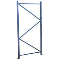 Blue metal racking end frame with vertical posts and diagonal crossbars for stability.