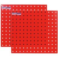 Red Sealey PerfoTool pegboard storage panel with square holes and Sealey logo in the corner.