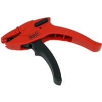 Red and black Sealey pistol grip automatic wire stripping tool with ergonomic handle and adjustable stripping length.
