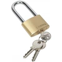 Brass Sealey padlock with long chrome shackle, 50mm body, and two attached keys.