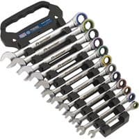 Sealey Platinum Series 12 Piece Ratchet Combination Spanner Set with silver finish, color-coded rings, and black holder.