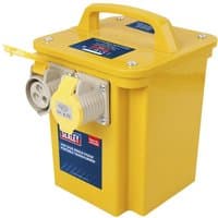 Yellow Sealey portable site transformer with handle, 240v to 110v, 3Kva, dual sockets, and branded label.