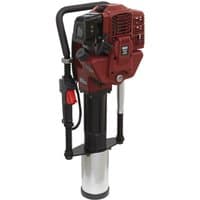 Red and black Sealey PPD100 2 Stroke Petrol Post Driver with handle and cylindrical base.