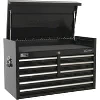 Black Sealey Premier 8 Drawer Tool Chest with silver handles and a hinged top lid.