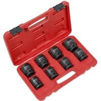 Red case with eight black Sealey Premier 3/4" drive impact sockets neatly arranged inside.