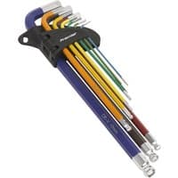 Sealey Premier 9 Piece Extra Long Colour Coded Ball End Hex Key Set with multicolored handles in black holder