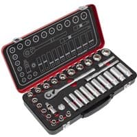 Red and black Sealey socket set with 32 pieces, including ratchet, sockets, and extensions in a molded case.