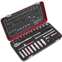 Sealey Premier Platinum Series 49 Piece 1/4" Drive Socket Set in red and black case with organized chrome sockets.