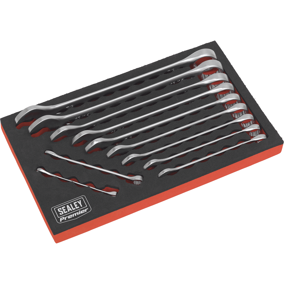 Combination spanner set featuring 11 polished chrome vanadium spanners in various sizes, neatly arranged in a black and red foam tray with the Sealey logo.