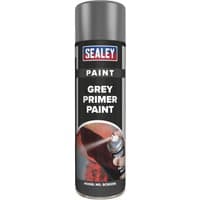 Sealey grey primer aerosol spray paint can with red and blue logo and image of paint application on the label.