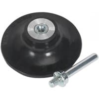 Black Sealey quick-change backing pad Ø75mm with metal center and threaded bolt attachment.