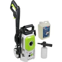 Sealey PW1610 Pressure Washer Snow Foam Kit, white and green, with black hose, wheels, and detergent bottle.