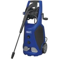 Blue Sealey pressure washer with black hose reel, wheels, and ergonomic handle, 140 Bar model.