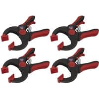 Set of four black and red Sealey quick ratchet clamps with ergonomic handles and adjustable jaws.