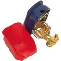 Sealey battery clamps set with red and blue quick release covers and brass connectors.