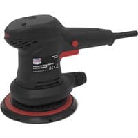 Black Sealey random orbital disc sander, 150mm, with ergonomic handle, red accents, and dust extraction port.