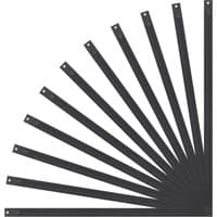 Black metal replacement slats for Sealey PCT2 workbench, arranged in a fan shape with pre-drilled holes.