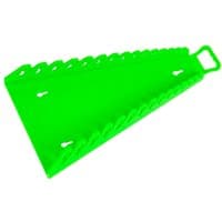 Green Sealey Reverse Spanner Rack with angled slots and handle for organizing wrenches.