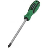 Green and black Sealey screwdriver with Pozi #3 tip and 150mm metal shaft.