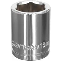 Chrome Sealey Walldrive socket, 15mm size, 3/8in square drive, cylindrical shape with engraved branding.