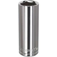 Silver Sealey Walldrive® deep socket, 17mm, 3/8in square drive, with smooth cylindrical body and hexagonal opening.