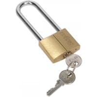Brass Sealey padlock with long shackle and brass cylinder, includes two silver keys.