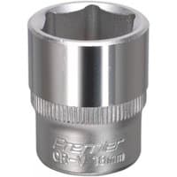 Sealey S3818 Walldrive socket, 18mm, 3/8in square drive, shiny silver finish with ridged grip and engraved markings.