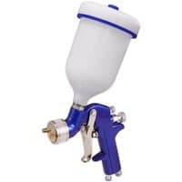 Blue and silver Sealey gravity feed spray gun with white top-mounted paint cup and ergonomic handle.