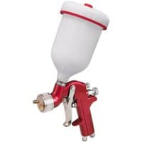 Red Sealey S714G gravity feed spray gun with white paint cup and silver nozzle.