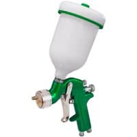 Green Sealey S717G gravity feed spray gun with white paint cup and metallic nozzle.