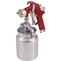 Red and silver Sealey S720 suction feed spray gun with metal canister and adjustable nozzle.