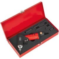 Red Sealey air impact wrench set with black handle, glow plugs, and accessories in a red metal case.