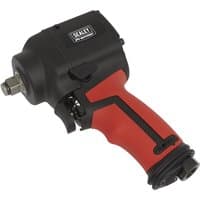 Black and red Sealey stubby twin hammer air impact wrench with 1/2" drive and ergonomic grip.