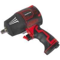 Black and red Sealey air impact wrench with ergonomic grip and 1/2" drive, featuring a robust twin hammer mechanism.