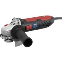 Red and black Sealey SAG115 angle grinder with side handle and 115mm disc.
