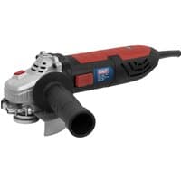 Red and black Sealey SAG125 angle grinder with 125mm disc and ergonomic side handle.