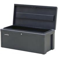 Black Sealey steel storage chest with hinged lid, rectangular shape, and Sealey logo on the front.