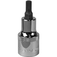 Sealey SBS011 spline socket bit, silver chrome finish, M6 size, 1/2in square drive, knurled grip, black spline tip.