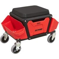 Red and black Sealey utility tool caddy seat with storage trays and four swivel casters.