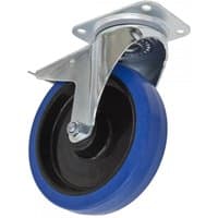 Swivel plate castor wheel with blue rubber tire, silver metal frame, and total lock mechanism, 200mm diameter.