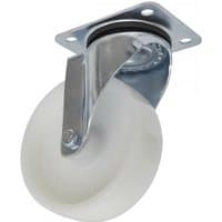 Swivel plate castor wheel, 125mm diameter, white wheel, silver metal bracket with mounting plate and bolt holes.