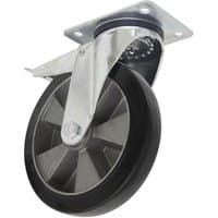 Heavy-duty rubber castor wheel with swivel and total lock, 200mm diameter, metal bracket, and black tire.