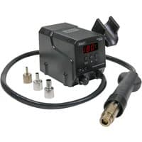 Black Sealey SD007 hot air rework station with digital display, adjustable knobs, and three nozzle attachments.