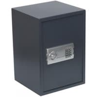 Black electronic combination security safe with a silver keypad and handle, rectangular shape, by Sealey.