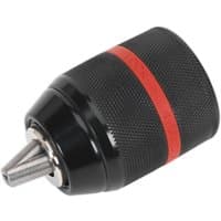 Black Sealey self-locking keyless drill chuck with textured grip and red accent band.