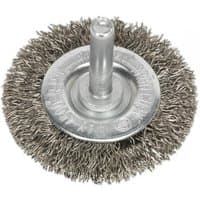 Sealey SFBS50 flat wire brush, stainless steel, 50mm diameter, with 6mm shaft, circular bristle arrangement.