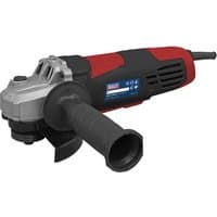 Sealey SG115E angle grinder, red and black, with paddle switch, side handle, and 115mm disc.